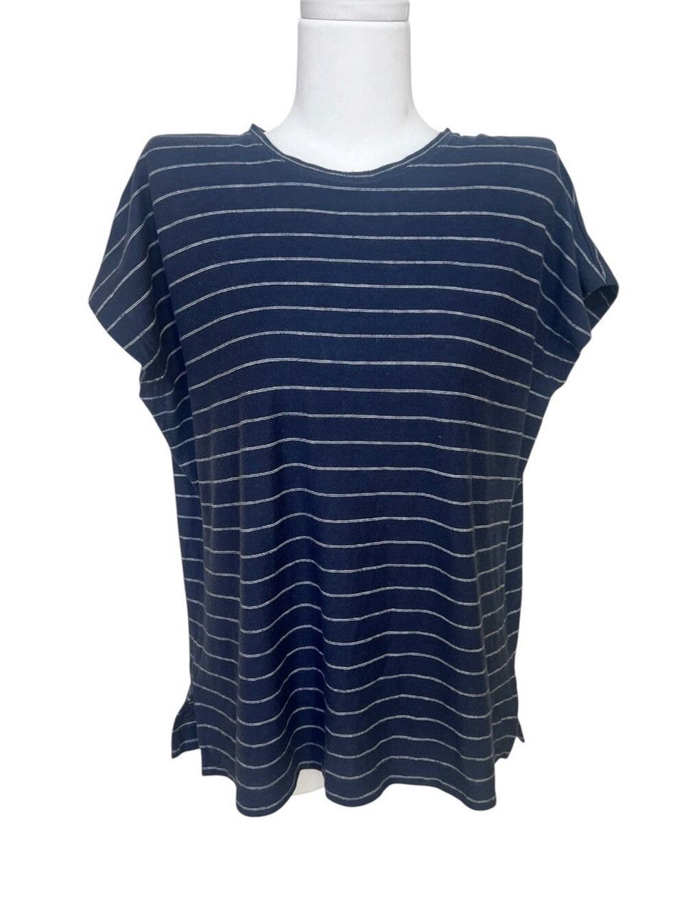 Vince Women's Knit Top Blouse Boxy Navy Blue Stripe 100% Cotton Sz S Dolman Slv
